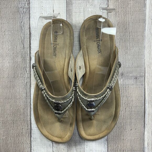 Minnetonka Women's Silverthorne Thong Sandals Flip Flops Leather Gold Size 9 - Picture 6 of 13